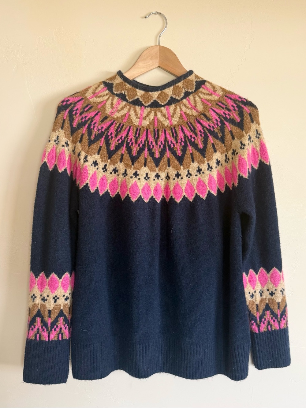 CeCe Navy Fair Isle Crewneck Sweater with Pink & Tan Pattern